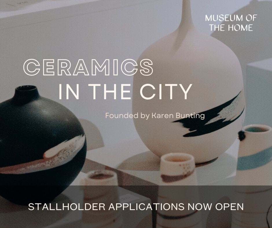 Decorative fine ceramics in white and black on display, with text overlaid "Ceramics in the City - stallholder applications now open".