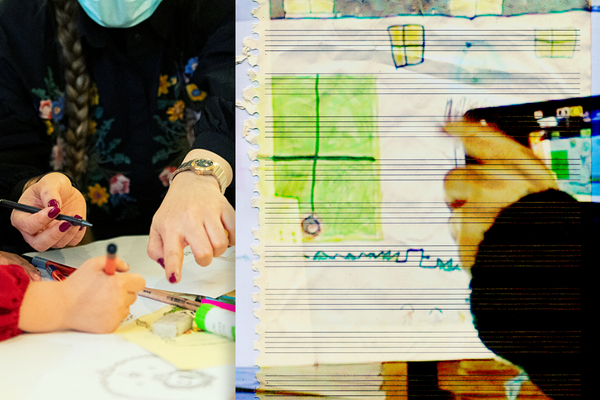 A two-part image: on the left, a child and an adult are working together on a drawing, with their hands pointing and sketching on paper; on the right, a child’s drawing appears on a torn sheet of empty music paper, showing a large window coloured in with green highlighter, blue scribbles, smaller blue and yellow windows, and a hand pointing to part of the image.