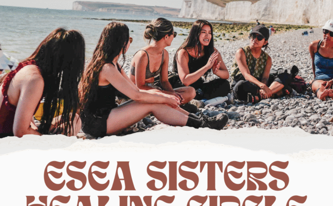 Image and graphic of women on a beach talking, text includes the words 'ESEA Sisters Healing Circle'