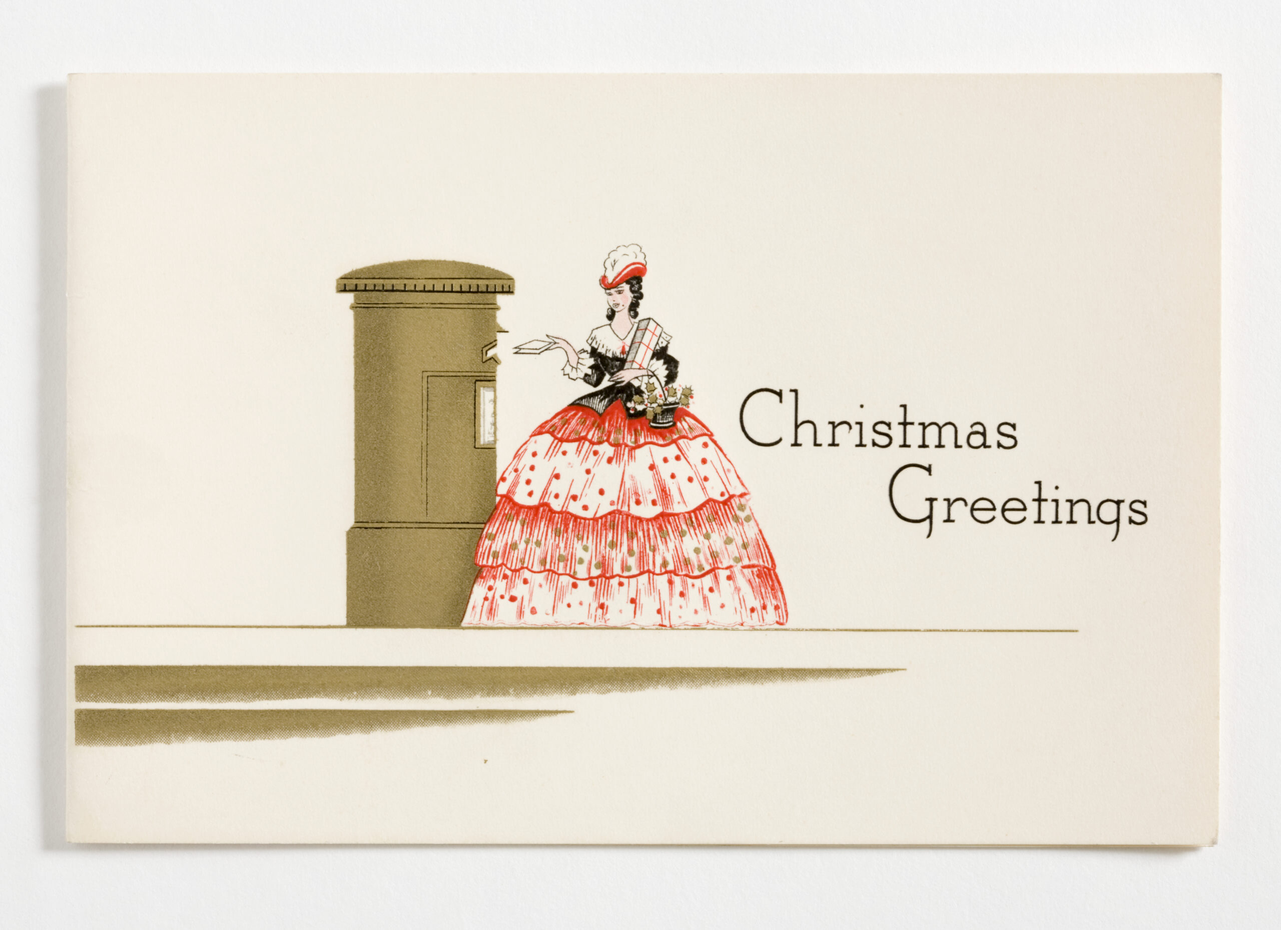 Christmas card printed with a design of a lady wearing a red, black and grey crinoline dress posting a letter in a gold letterbox, inscribed 'Christmas Greetings' in black