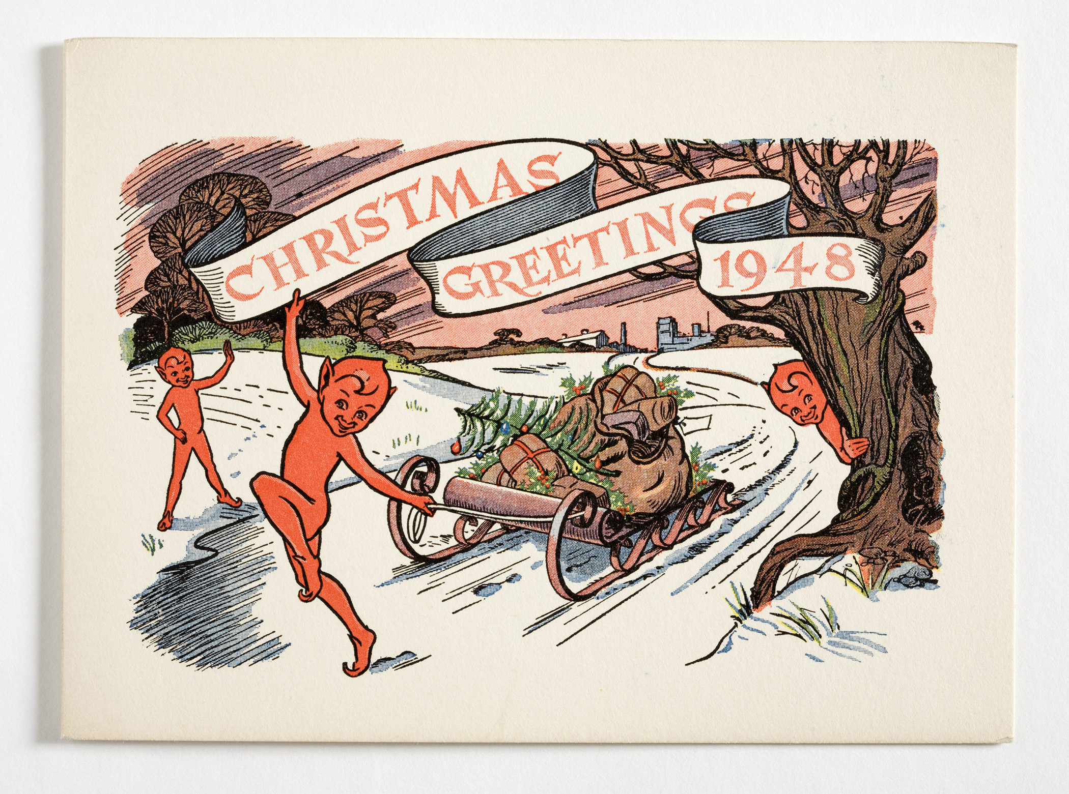 Christmas card with a design of three red imps pulling a sledge laden with gifts, a Christmas tree and holly, in a rural setting with a factory in the background, inscribed 'CHRISTMAS GREETINGS 1948'