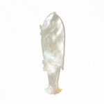 A fish-shaped gaming counter made of mother of pearl on a white background. Its body features such as scales and fins are engraved in great detail.