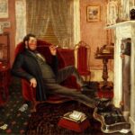 Victorian parlour: a man in a dark suit and frock coat reclines in a deep red velvet armchair, legs outstretched with one foot on the brass fireplace fender, drawing on a long, slender pipe. There are lace curtains by the window behind him; a small table piled with books on the right; framed artworks hang on the walls; a footstool and scattered playing cards lie on the patterned carpet.