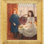 Elaborate gold frame painting of two sisters in a richly decorated interio:r a red-haired girl in a blue dress stands with a violin standing on the left, while dark-haired girl sits in a white gown with an orange sash holding a white straw hat on the right, before patterned curtains and a leaded-glass window and by orange-red curtains and a matching carpet.