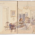 On the right is a detailed watercolor painting of an elegant interior featuring period furniture, a chandelier, framed artwork on walls, and various sitting areas. On the left page are handwritten notes with detailed measurements and specifications for furniture and fixtures.