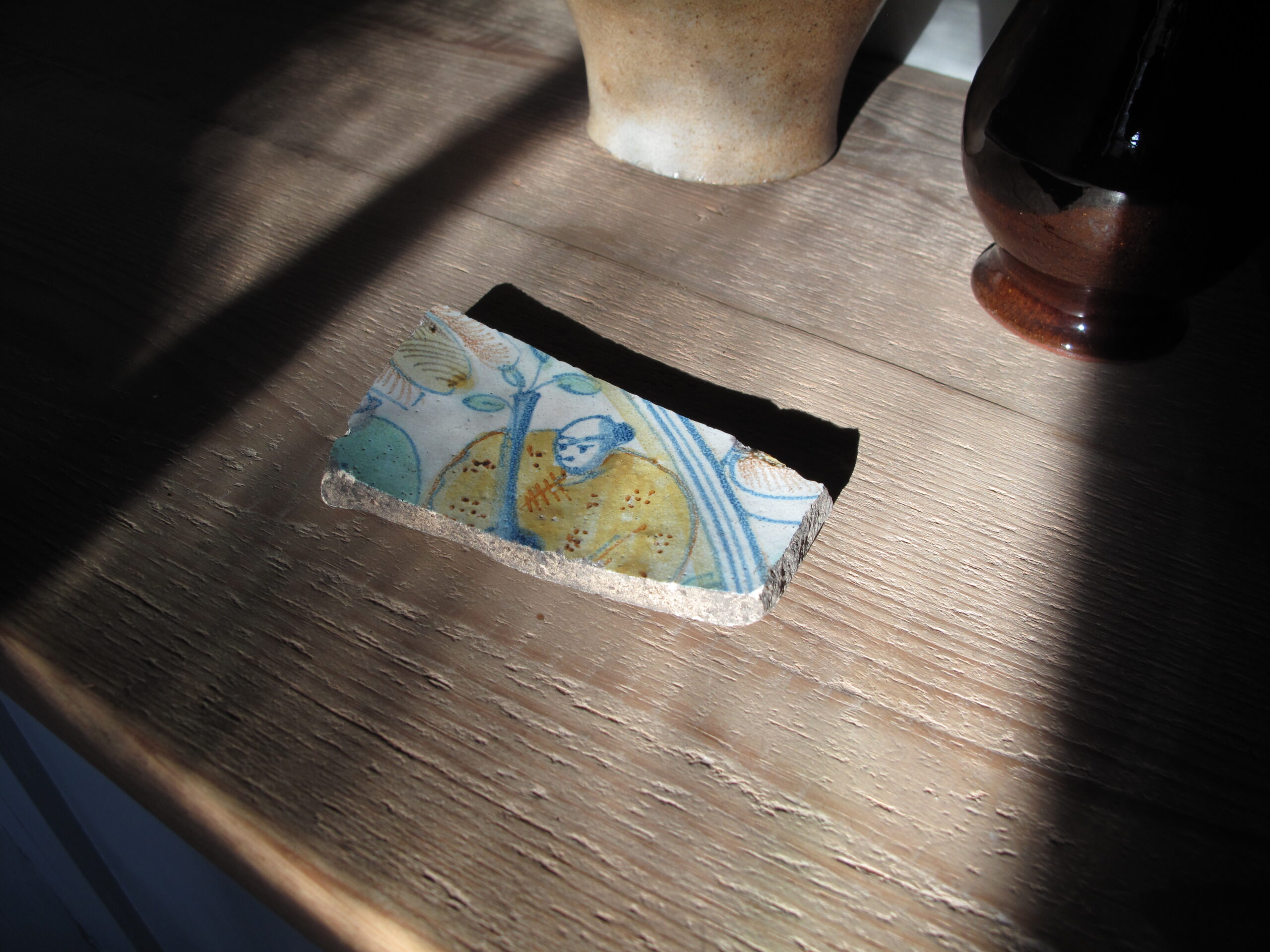 Ceramic piece in blues and yellows.