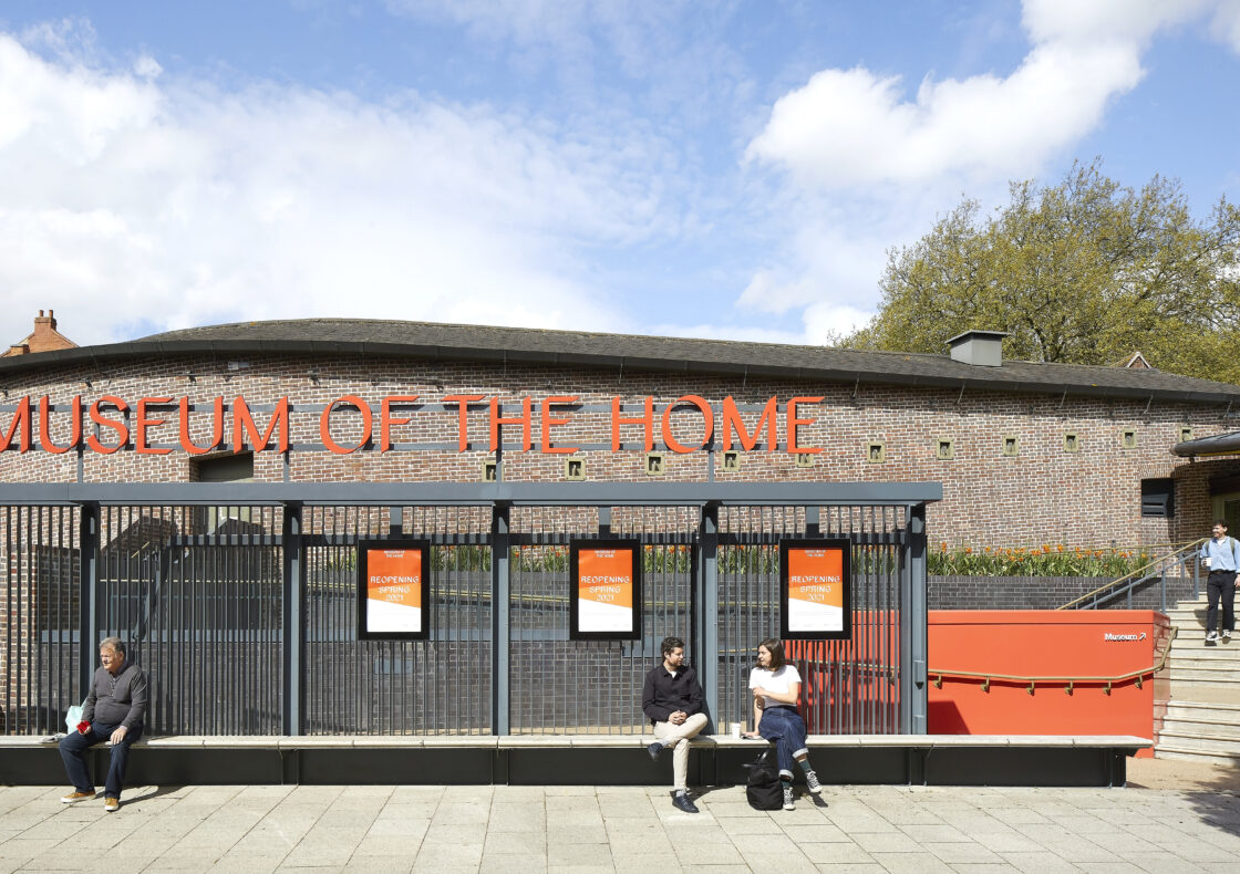 A head-on view of the main entrance to the Museum, featuring a red-brick terrace façade and modern glass extension from the recent redevelopment by Wright+Wright.
