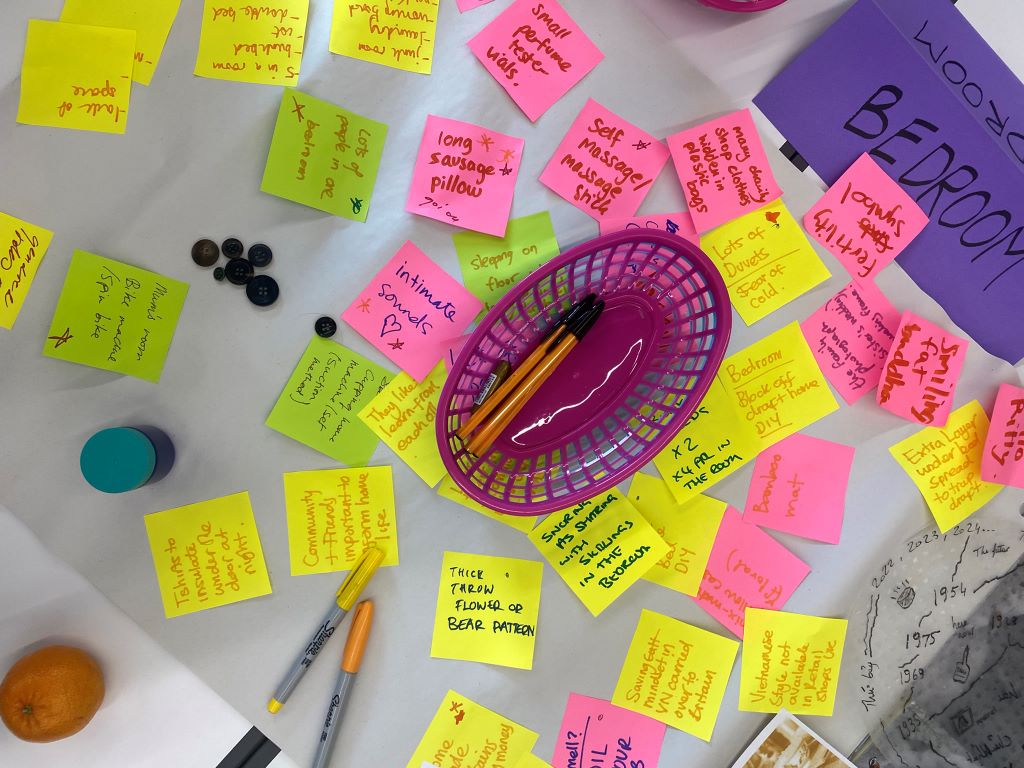An overhead view of a white tabletop scattered with neon yellow and pink sticky notes covered in handwritten ideas, a small purple plastic basket holding black pens, two orange and yellow markers, a cluster of dark buttons, a closed blue jar lid, and a single clementine.