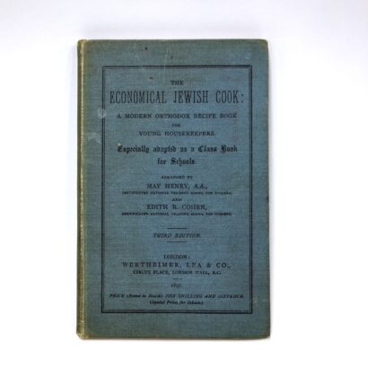 Blue-green cookbook titled "The Economical Jewish Cook"blue-green cookbook titled "The Economical Jewish Cook".