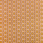 A decorative wallpaper featuring repeating motifs of interlocking floral and geometric shapes in orange, yellow, and burgundy tones.