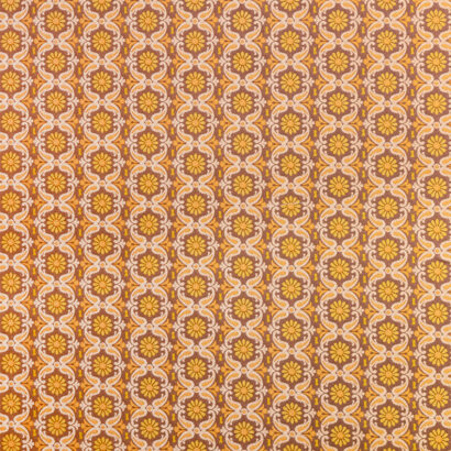 A decorative wallpaper featuring repeating motifs of interlocking floral and geometric shapes in orange, yellow, and burgundy tones.
