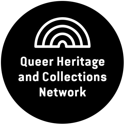 A black circle with a white rainbow and text reading 'Queer Heritage and Collections Network"