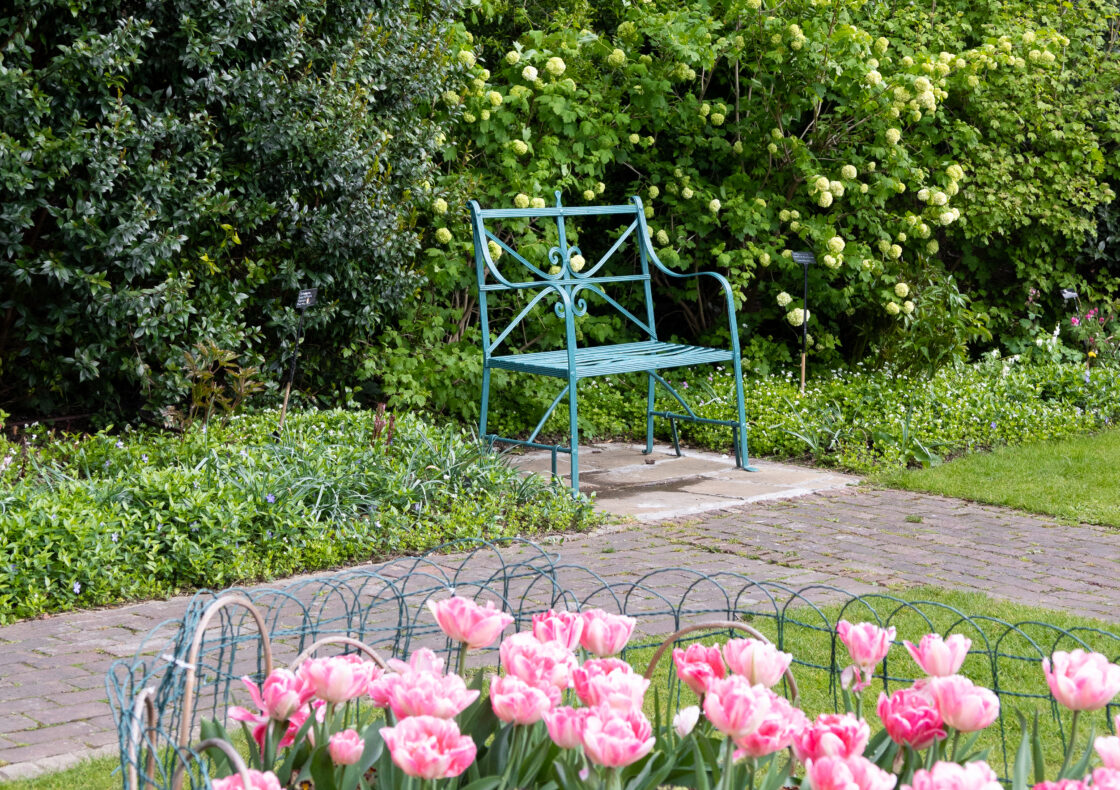 A blue, green bench sits among greenery with two brick paths leading up to it. In the forefront are pink flowers.