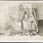 Black-and-white etching of a man in a long nightshirt and cap standing beside a curtained bed. He holds a small pan and uses a fork to prise insects or pests from the hanging bed drapes. A single candle on a slender three-legged stand illuminates the room, while discarded clothes lie scattered on the floor.