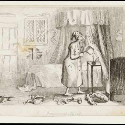 Black-and-white etching of a man in a long nightshirt and cap standing beside a curtained bed. He holds a small pan and uses a fork to prise insects or pests from the hanging bed drapes. A single candle on a slender three-legged stand illuminates the room, while discarded clothes lie scattered on the floor.