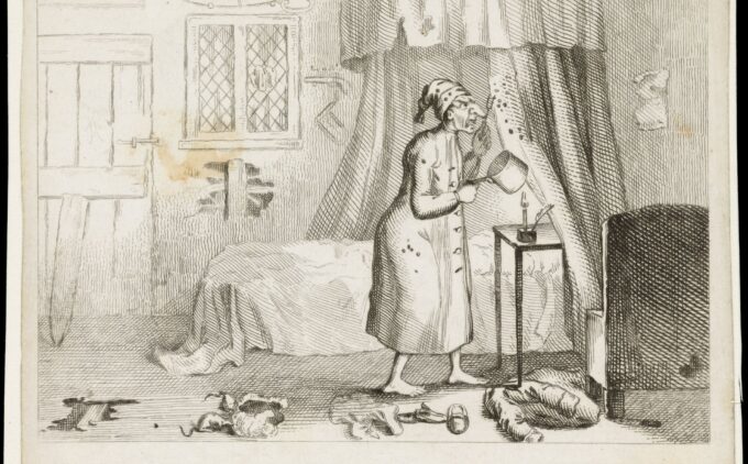 Black-and-white etching of a man in a long nightshirt and cap standing beside a curtained bed. He holds a small pan and uses a fork to prise insects or pests from the hanging bed drapes. A single candle on a slender three-legged stand illuminates the room, while discarded clothes lie scattered on the floor.