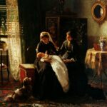 An oil painting of two women in dark mourning dresses sitting in the centre. The woman on the left holds an infant swathed in white baptismal robes, gazing down at the baby, while the other woman beside her gently rests a hand on her shoulder. A small dog sits on a richly patterned carpet at their feet. Sunlight filters through lace curtains at a tall window on the left, illuminating a gilded plant stand.