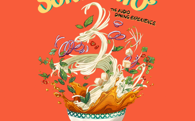 sonic pho graphic illustrating a bowl of noodles splashing with a headphone wire coming out from the bowl