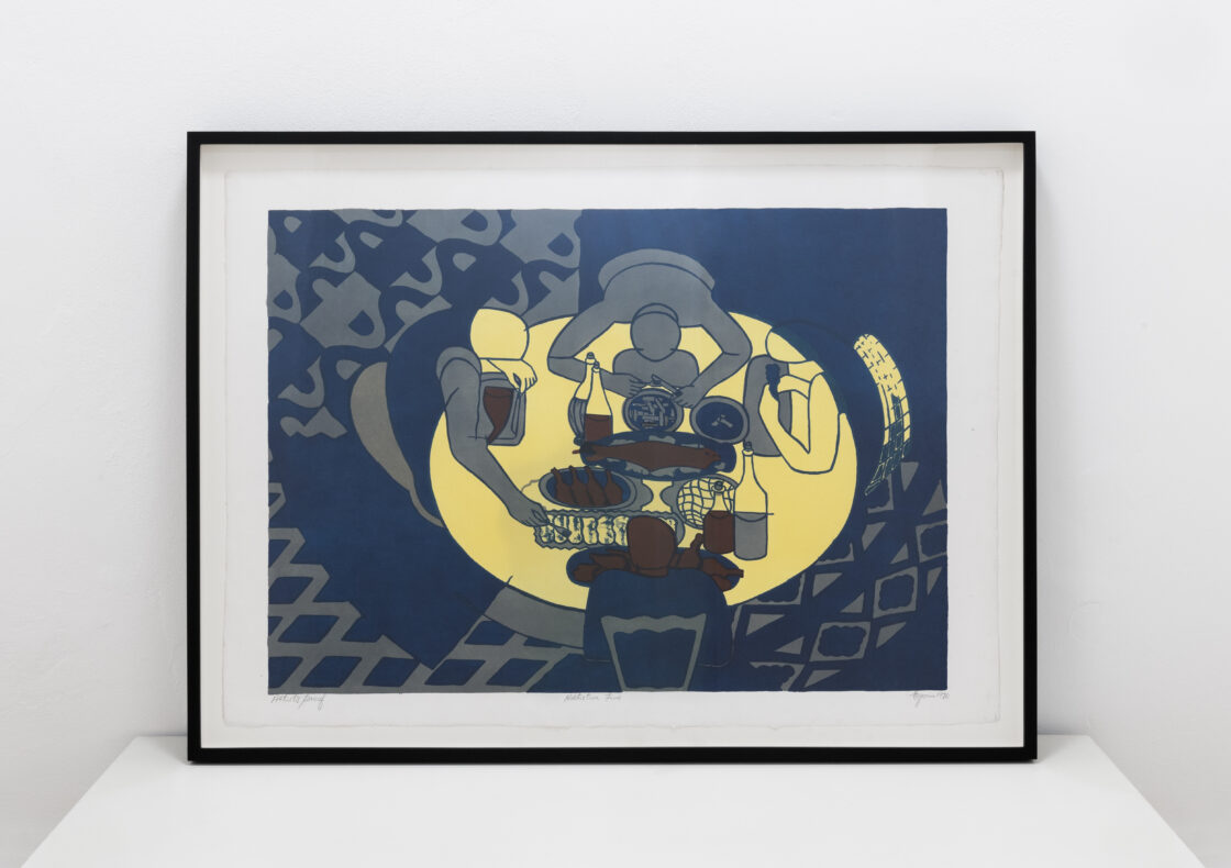 A framed artwork with a wide white border against a white wall. Viewed from above, five faceless figures in muted greys, blues gather, and reddish brown gather around a circular table bathed in warm yellow light. Against a deep blue patterned floor, they reach for dishes of food, bottles, and a central platter rendered in grey, blue, and reddish brown. Their forms are simplified and minimalist.