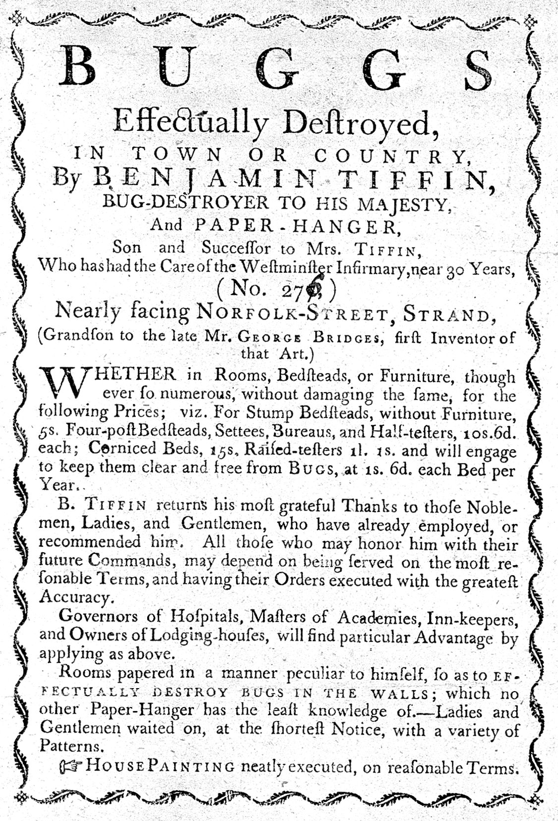 Historical advertisement for Benjamin Tiffin's bug extermination services in ornate decorative border
