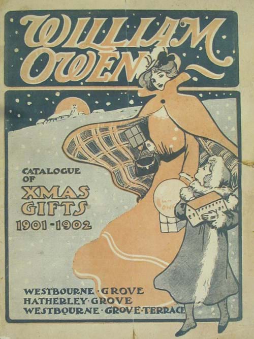 Christmas catalog cover for William Owen featuring a drawing of a woman and child in a snowy setting