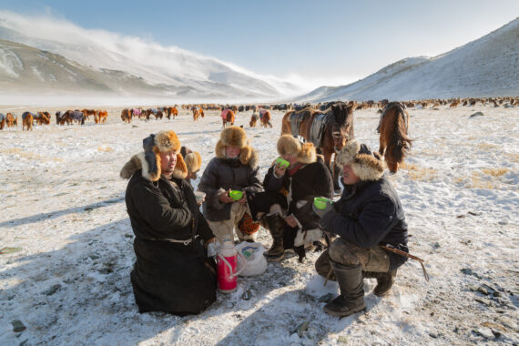 Amidst a snowy field, a group of nomads of Western Mongolia wrapped in thick furs, kneel in circle for a quick meal. Surrounded by grazing horses.