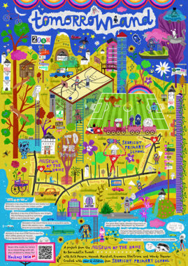 A collaged perspective map of an area of London centred on the Museum of the Home, including hand-drawn trees, hills, playgrounds and a river.