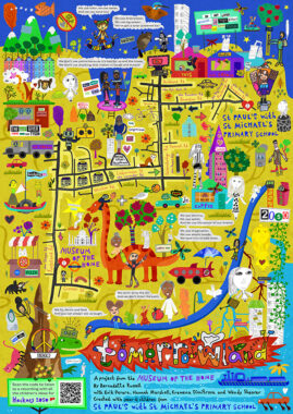 A collaged perspective map of an area of London centred on the Museum of the Home, including hand-drawn animals, housing and street layouts.