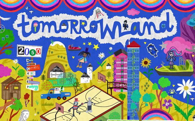 A collaged landascape including hills, tower blocks and sports facilities, with the hand-drawn word 'tomorrowland' over it.
