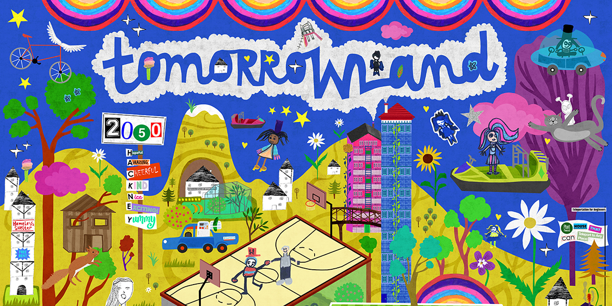 A collaged landascape including hills, tower blocks and sports facilities, with the hand-drawn word 'tomorrowland' over it.