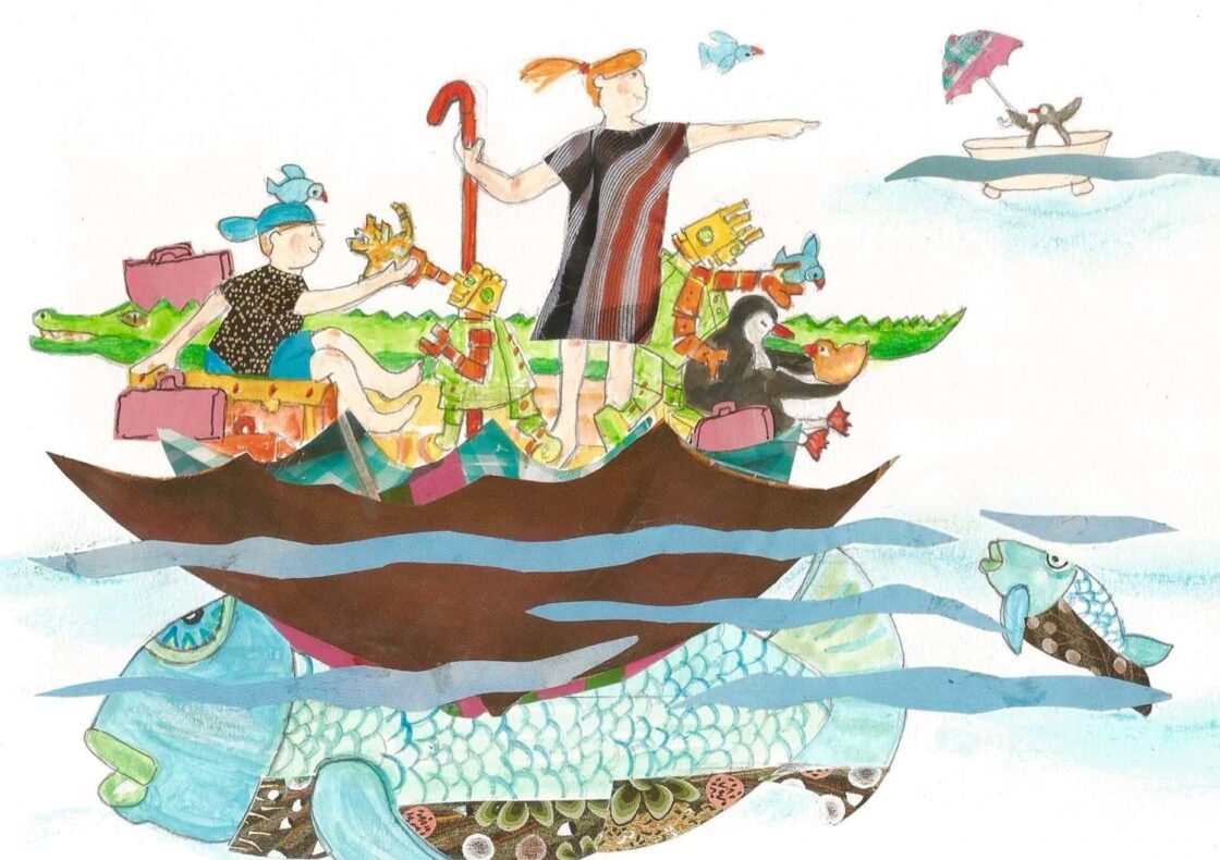 Illustration of people and animals on a journey on a boat