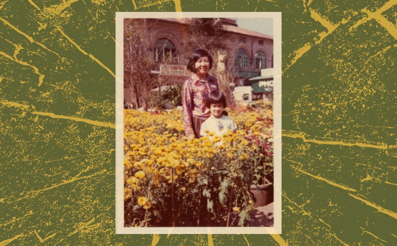 An old photograph of an woman and child standing among yellow flowers. The photo is surrounded by a yellow and green artistic tree-like pattern.