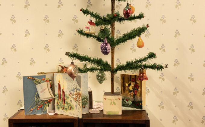 A collection of festive cards displayed on a bookcase with a small Christmas tree.