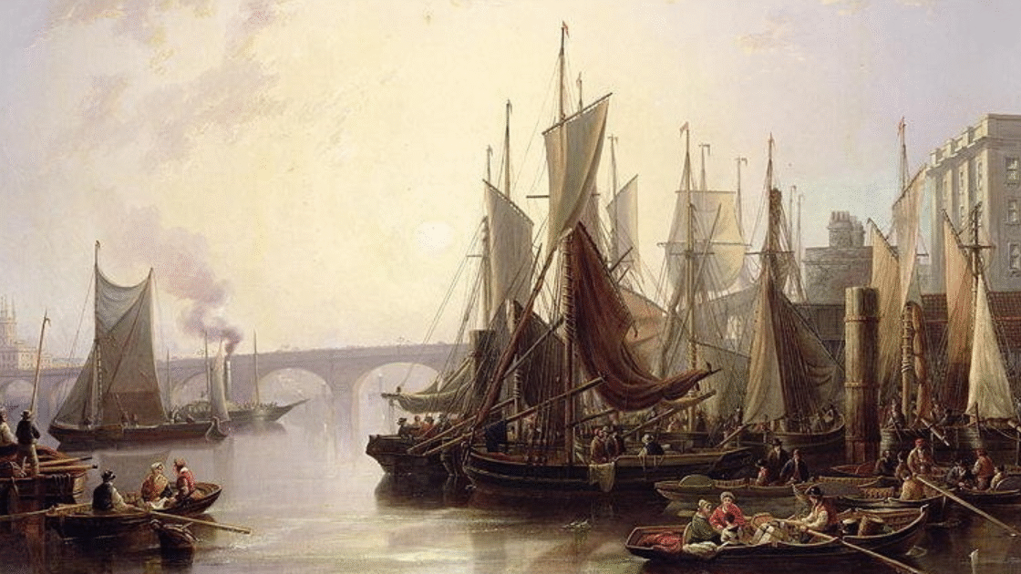 A painting depicting ships sailing in a bay