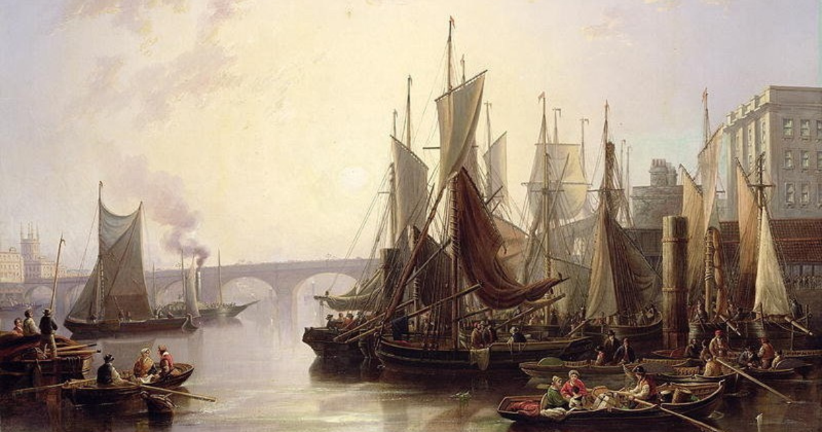 A painting depicting ships sailing in a bay