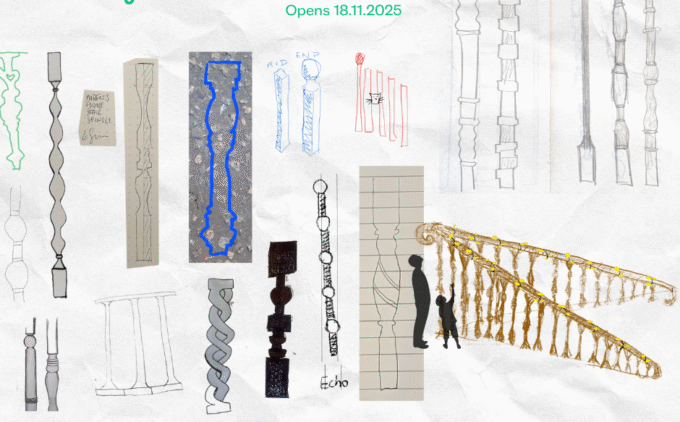 Various parts of banisters in drawings overlayed and collaged