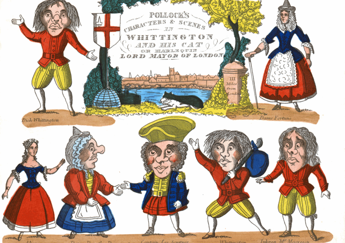 Whittington characters, as published by Benjamin Pollock in Hoxton Street and hand-coloured with stencils.