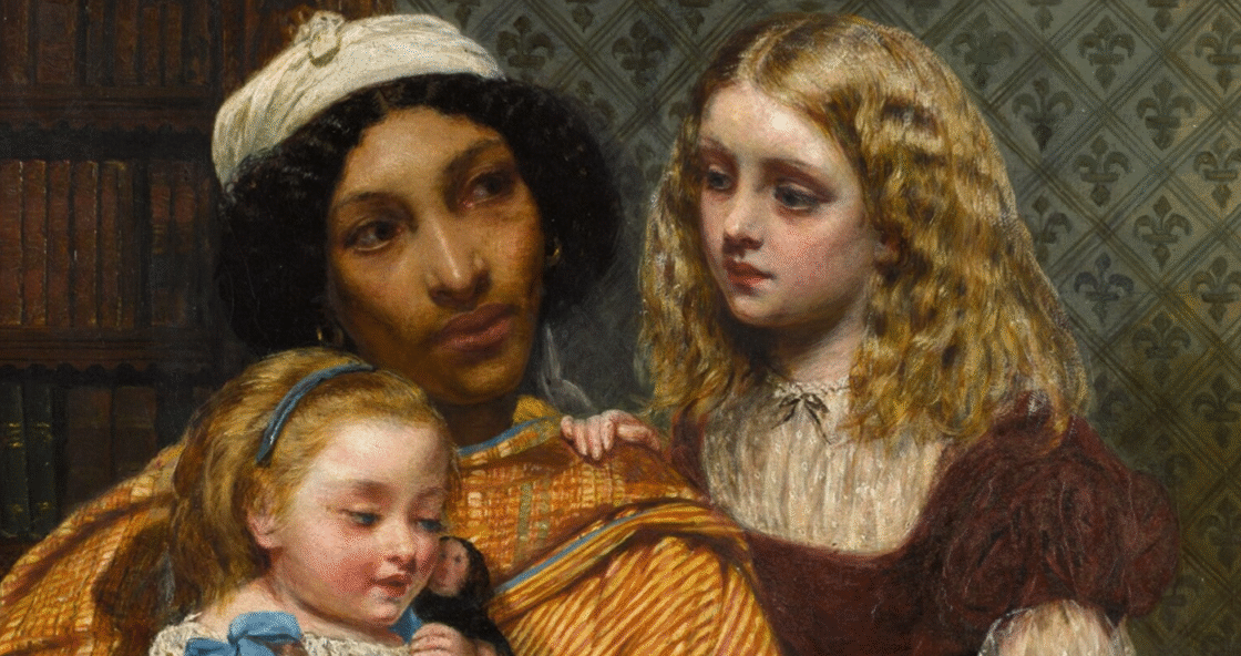 A painting of two children and a woman depicted with dark hair and a head piece