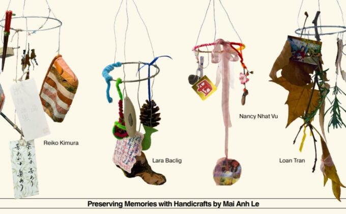 Photographs of DIY hanging mobiles using found materials such as ribbons, leaves, and fabrics.