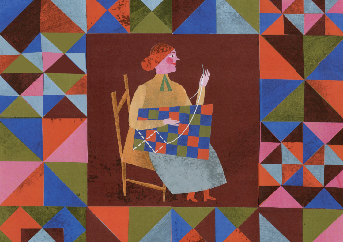 An illustration of a figure quilting, surrounded by a collaged print of shapes