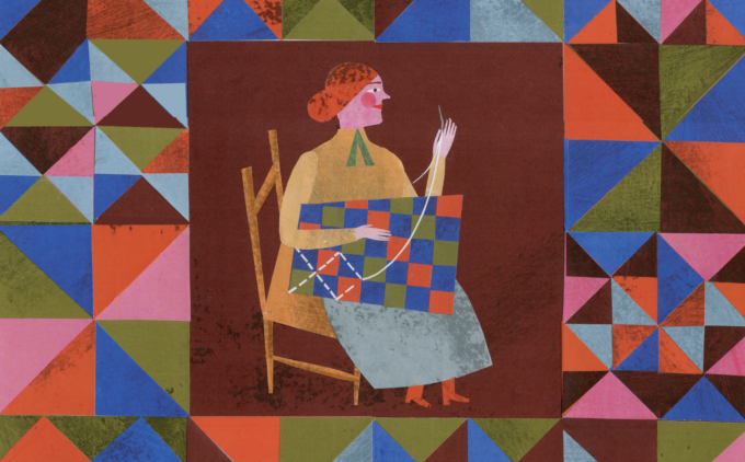 An illustration of a figure quilting, surrounded by a collaged print of shapes