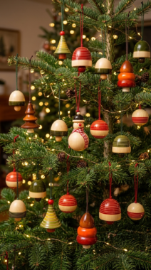 A Christmas tree with wooden ornaments